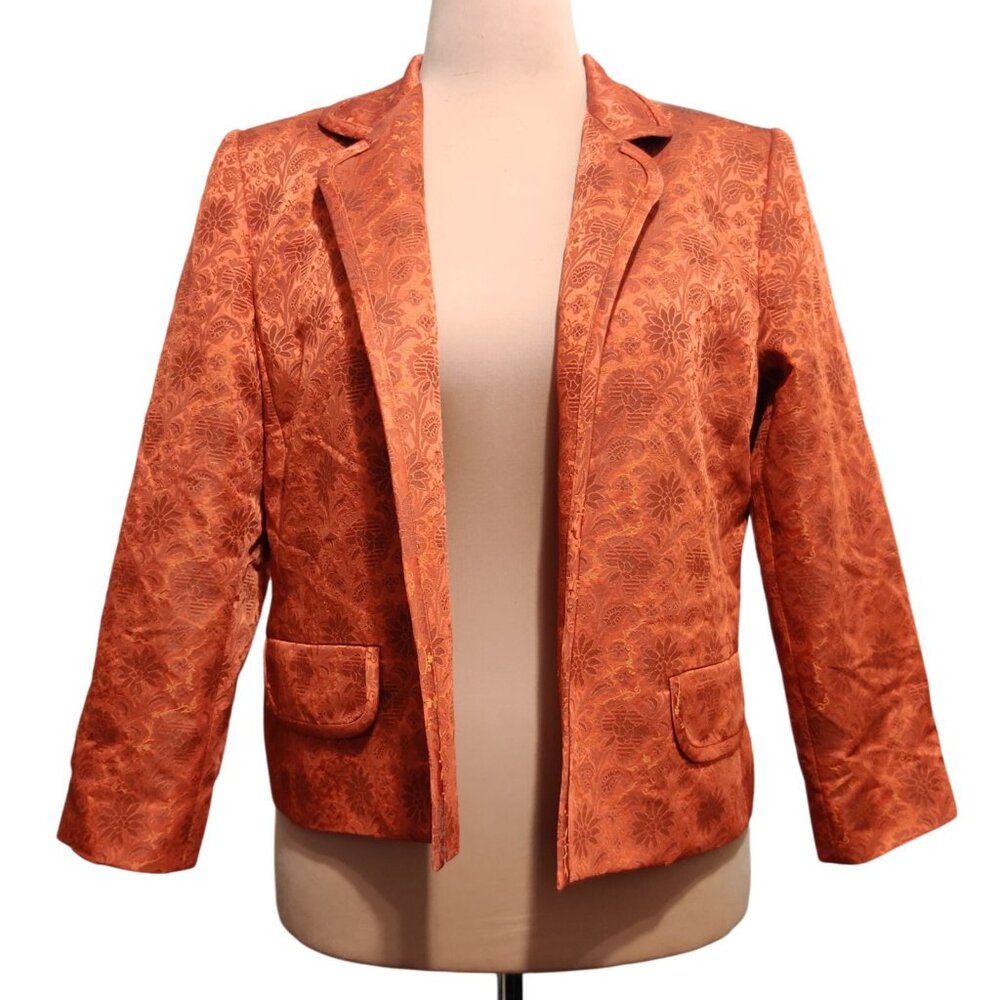 Ellen Tracy 12 Womens Blazer Orange Brocade Floral Jacquard Satin Vintage Jacket